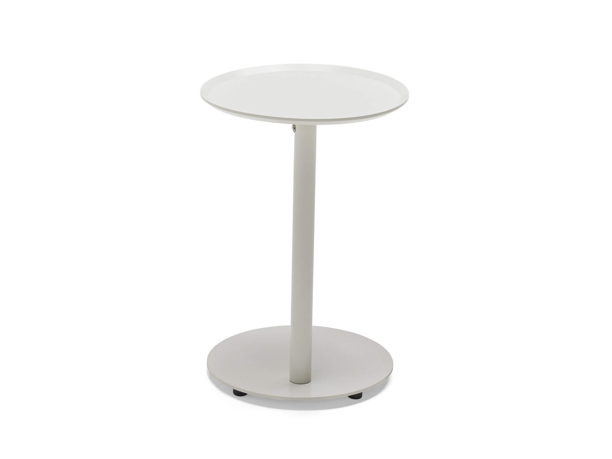 Back view of white metal outdoor side table